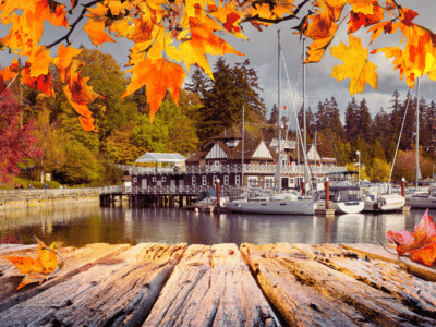 Segelyacht im Herbst auf ruhigem Wasser, umgeben von buntem Herbstlaub – ideale Wintervorbereitung für Bootseigner.