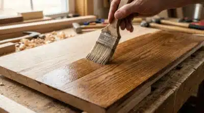 Holz beizen: Eichenholz wird mit Ölbeize behandelt — Kontrast zwischen rohem und gebeiztem Holz