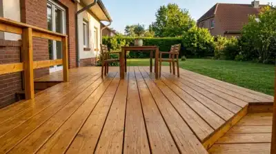 Holzterrasse pflegen: Frisch lackierte Terrasse mit Gartenmöbeln — Ergebnis nach der Pflege