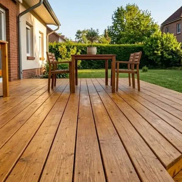 Holzterrasse pflegen: Frisch lackierte Terrasse mit Gartenmöbeln — Ergebnis nach der Pflege
