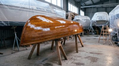 Frisch mit Bootslack lackiertes Holzboot kieloben auf Boecken in der Werfthalle, tiefglaenzende Oberflaeche