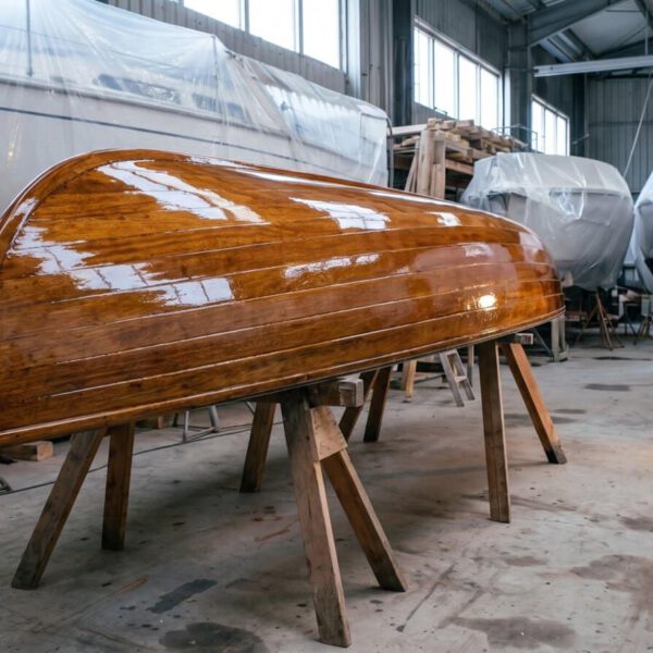 Frisch mit Bootslack lackiertes Holzboot kieloben auf Boecken in der Werfthalle, tiefglaenzende Oberflaeche